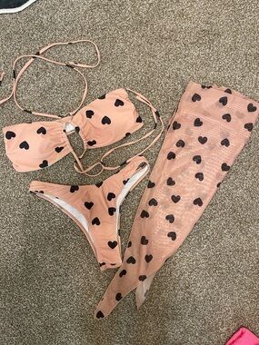 Peach Heart Print Bikini Set with Matching Sarong